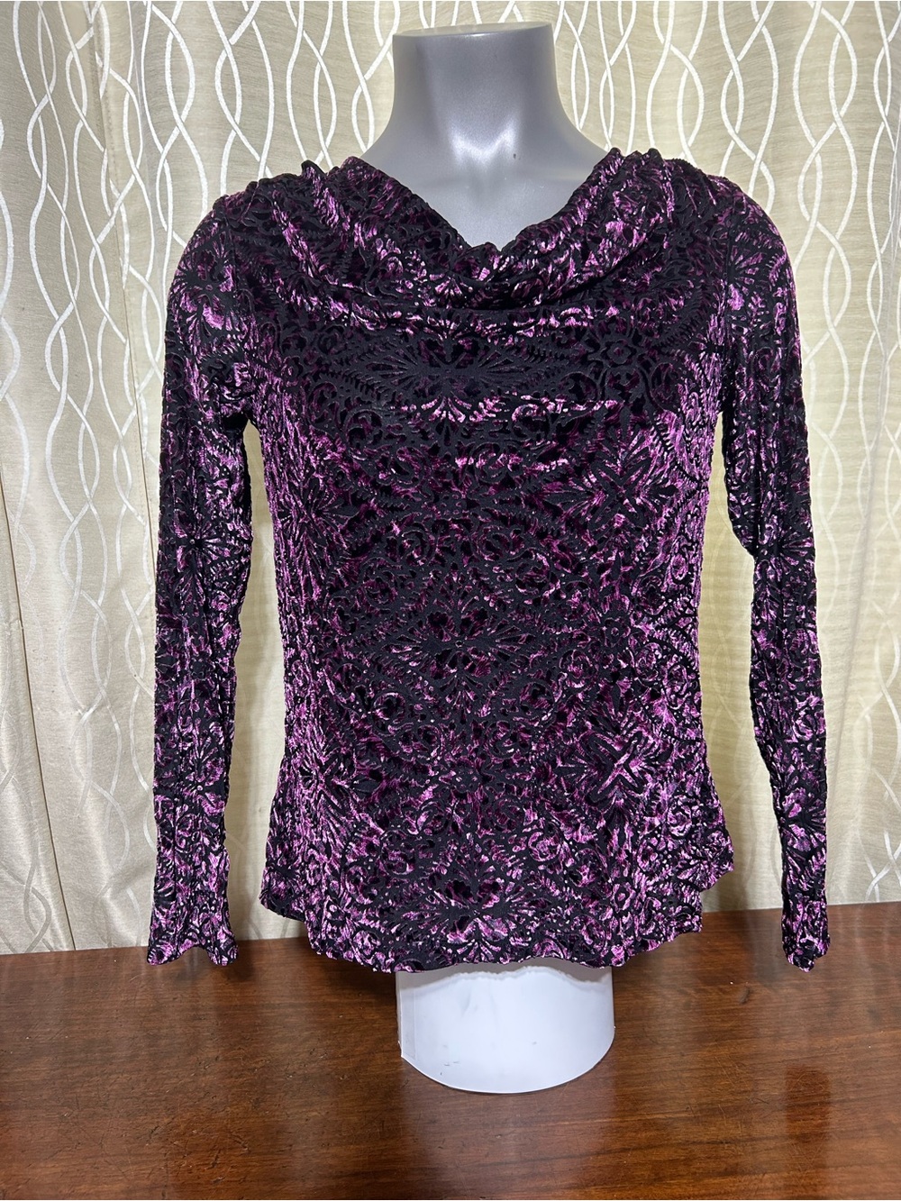 Purple Burnout Velvet Cowl Neck Long-Sleeve Top
